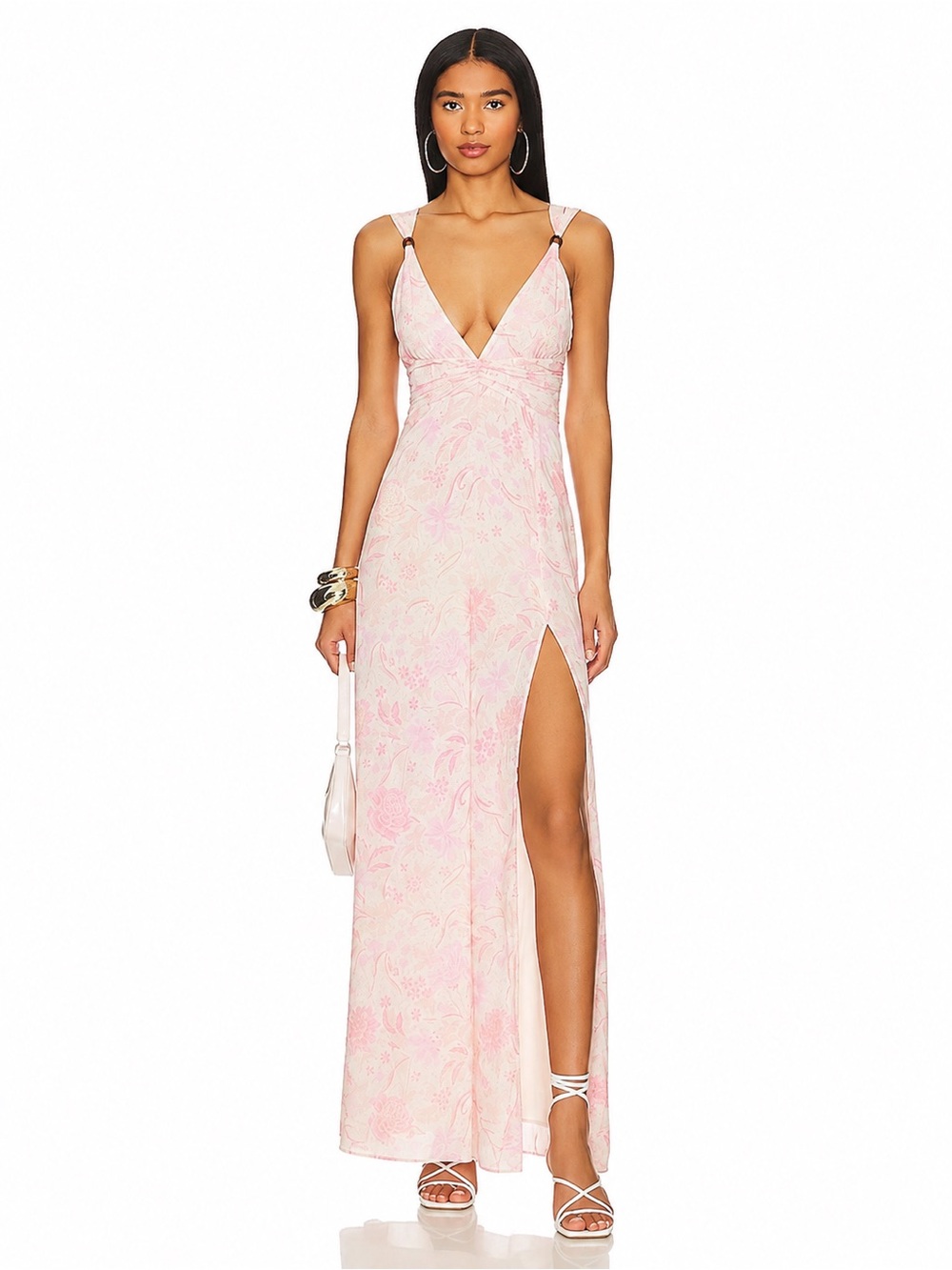 Tularosa | Ruby Annie Blush Floral V-Neck Maxi Dress with Side Slit ~ Medium